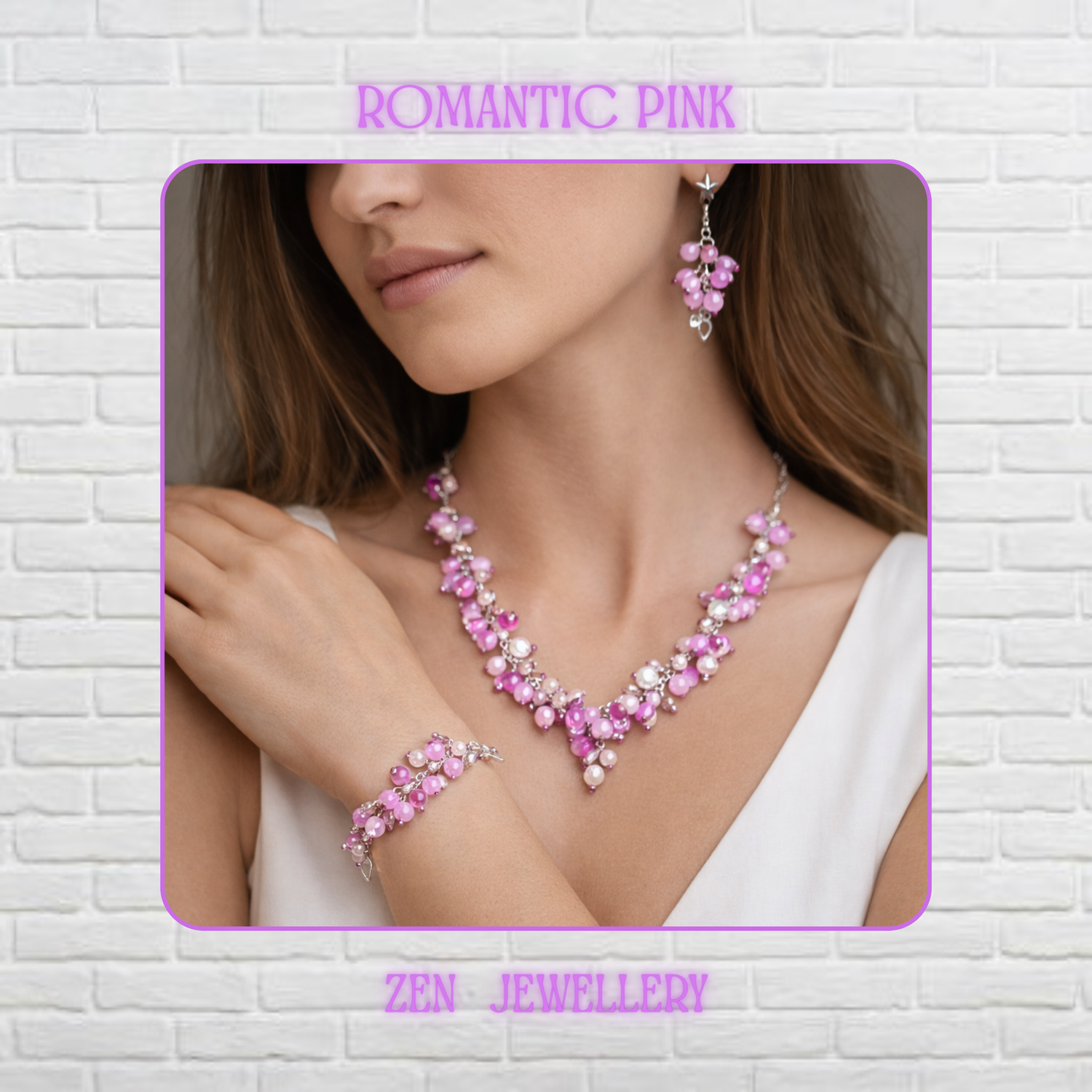 Earrings, necklace and bracelet set, with white pearls, pink and lavander pearls and stainless steel finish.