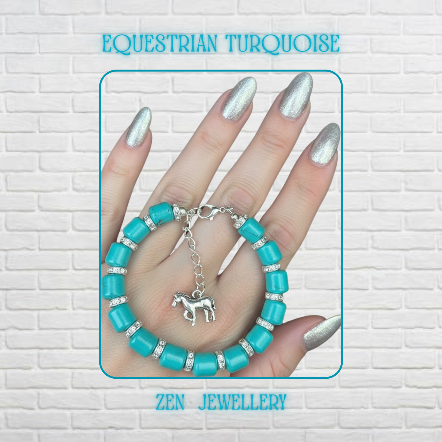 Turquoise bracelet with rhinestones spacers and silver horse charm, stainles steel closure