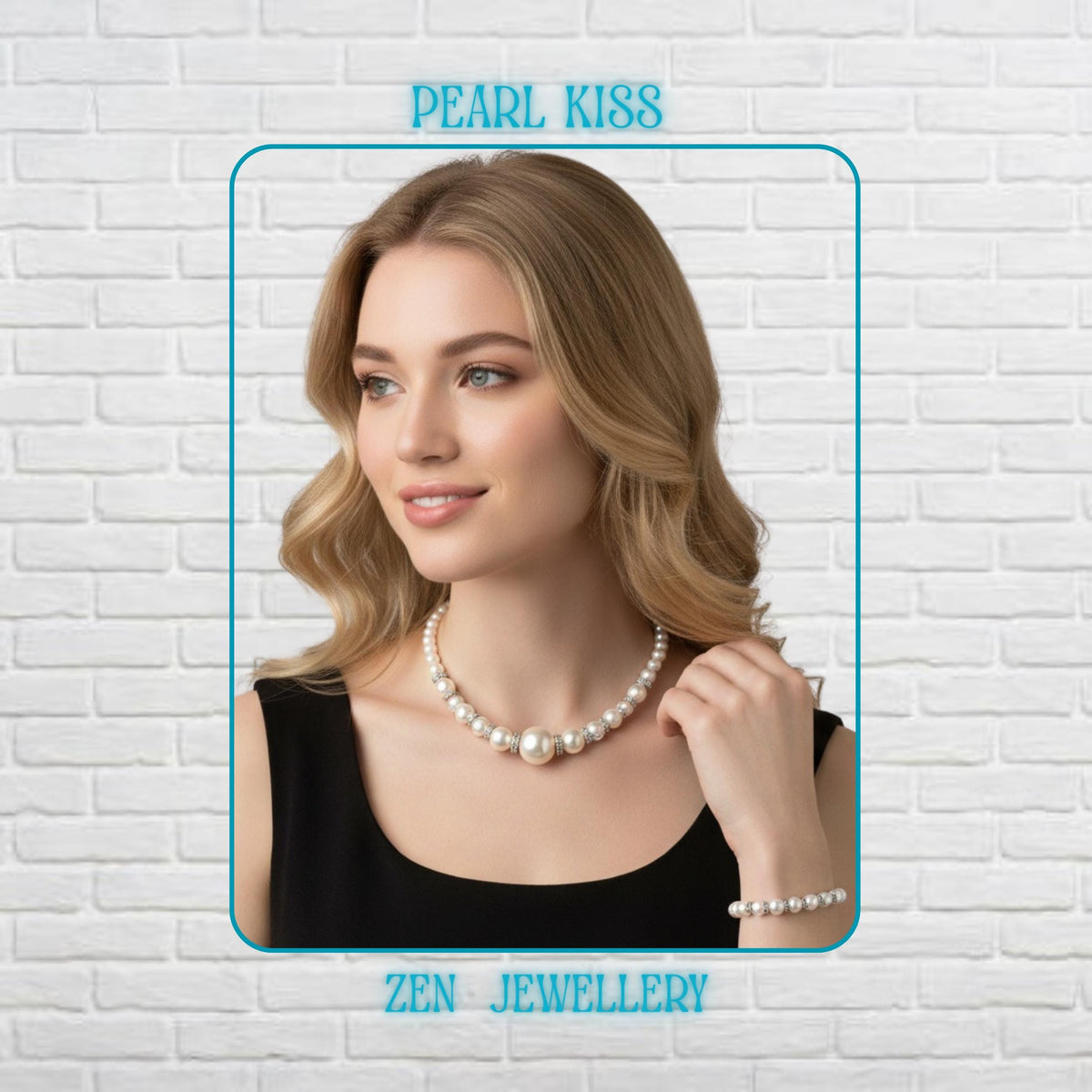 Elegant handmade white pearl necklace and bracelet set displayed on model featuring glossy ivory pearl-style beads with sparkling rhinestone spacer accents and silver chain closures. 