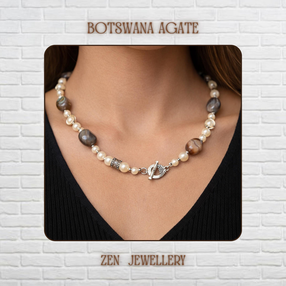 Elegant BOTSWANA AGATE gemstone necklace displayed on a model featuring polished grey striped agate stones combined with creamy ivory pearl beads and decorative silver rhinestone spacers. 