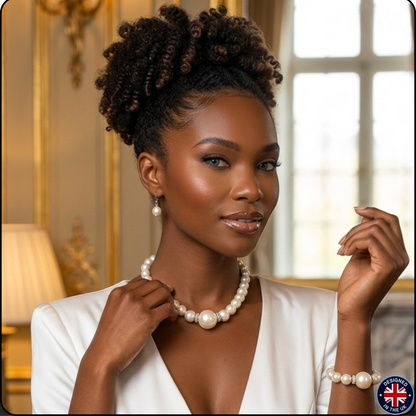 A woman with styled curly hair wearing a pearl necklace, matching pearl earrings, and a pearl bracelet, posing in a white top against an elegant indoor background with gold wall details and a window.