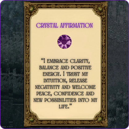 A decorative card or plaque with an ornate gold border and a cream center panel. The panel reads “CRYSTAL AFFIRMATION” in purple text above a purple gem illustration and a black affirmation quote.