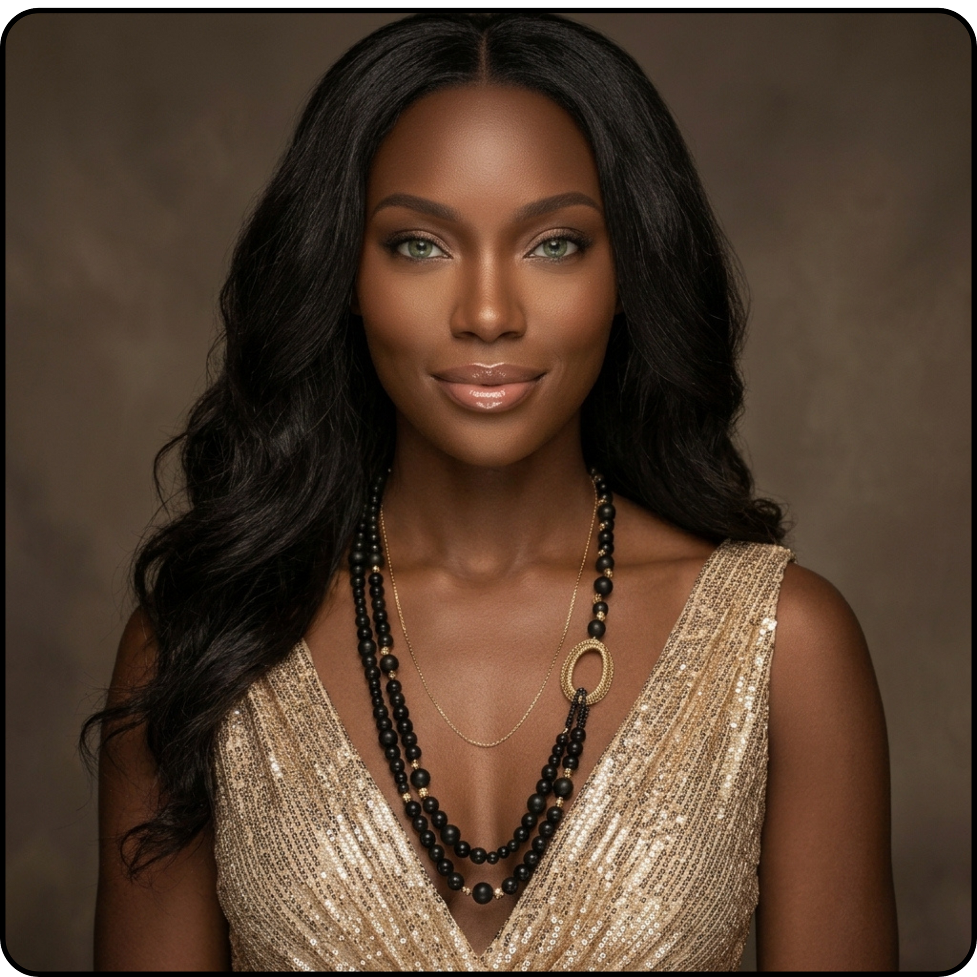 A woman with long, wavy black hair is shown from the chest up against a warm brown studio background. She is wearing layered necklaces, including a prominent black beaded necklace with a gold oval pendant and a delicate gold chain, along with a gold sequined top.