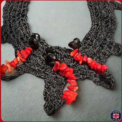 CORAL | Black Crystal Silk Crochet Necklace