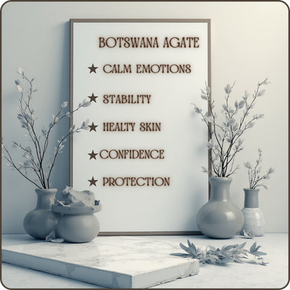 A framed wall sign reading 'BOTSWANA AGATE' with listed benefits such as calm emotions, stability, healthy skin, confidence, and protection, styled in a serene interior with gray vases, dried branches, and a marble surface.