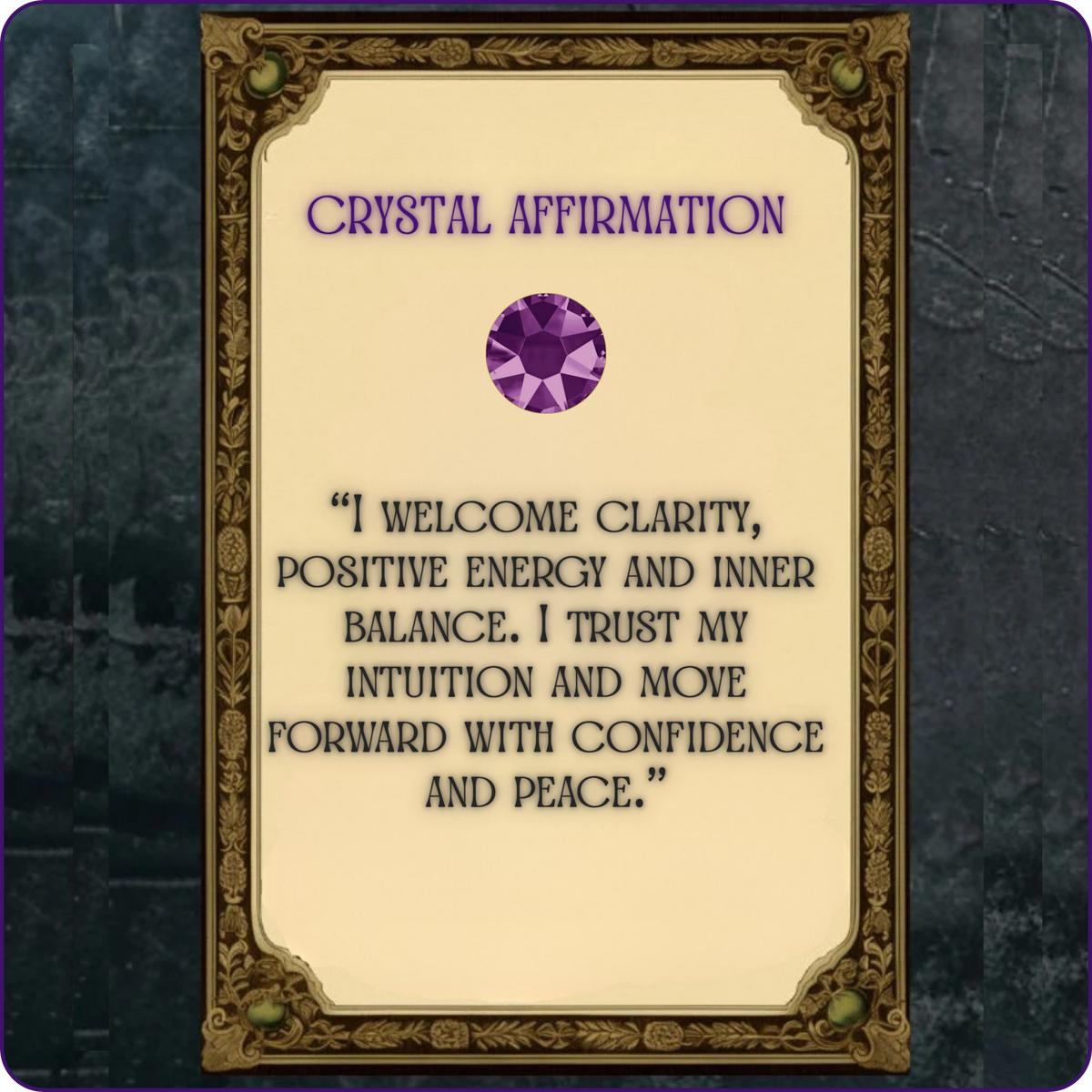 Crystal affirmation card with positive thoughts.
