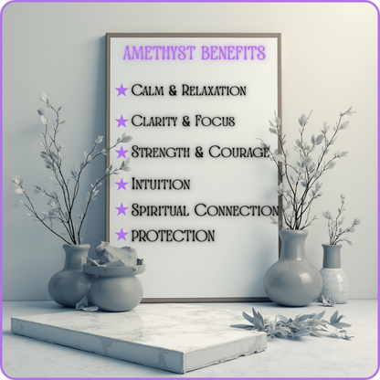 A framed vertical sign reading 'AMETHYST BENEFITS' with a bulleted list of spiritual and mental benefits, styled on a marble pedestal with gray vases and dried branches against a pale gray wall.