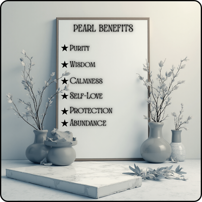 A framed poster titled 'PEARL BENEFITS' with a bulleted list of qualities including Purity, Wisdom, Calmness, Self-Love, Protection, and Abundance, styled on a marble pedestal with gray ceramic vases and dried branches in a minimalist room setting.