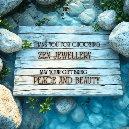 A rectangular wooden plaque with engraved text reading 'THANK YOU FOR CHOOSING ZEN JEWELLERY MAY YOUR GIFT BRING PEACE AND BEAUTY,' placed in shallow clear water among smooth stones and small green plants.