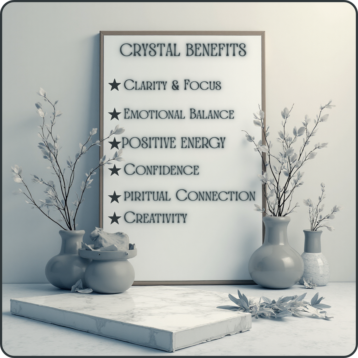 A framed poster listing 'CRYSTAL BENEFITS' with bullet points for clarity, focus, emotional balance, positive energy, confidence, spiritual connection, and creativity, styled on a marble surface with vases and dried branches against a gray wall.