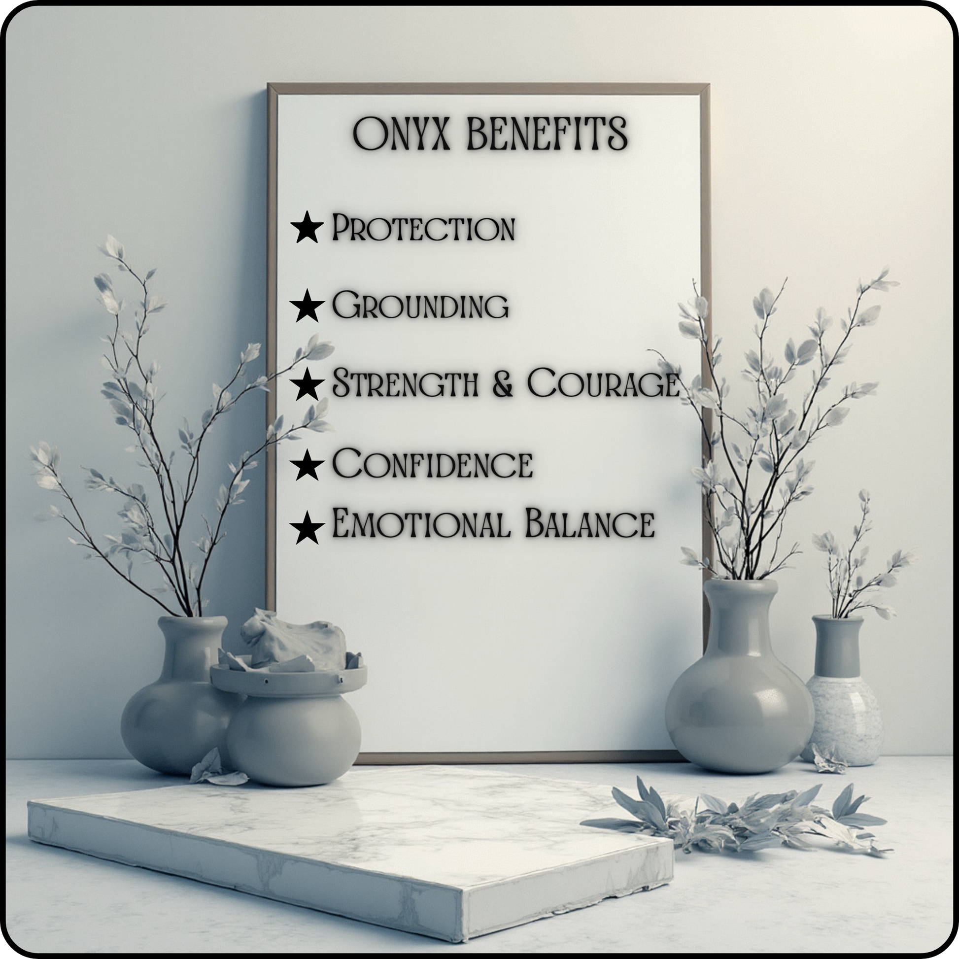 A framed vertical sign reading 'ONYX BENEFITS' with a bulleted list of protection, grounding, strength & courage, confidence, and emotional balance, displayed on a marble-like surface with decorative vases and branches in a styled interior scene.