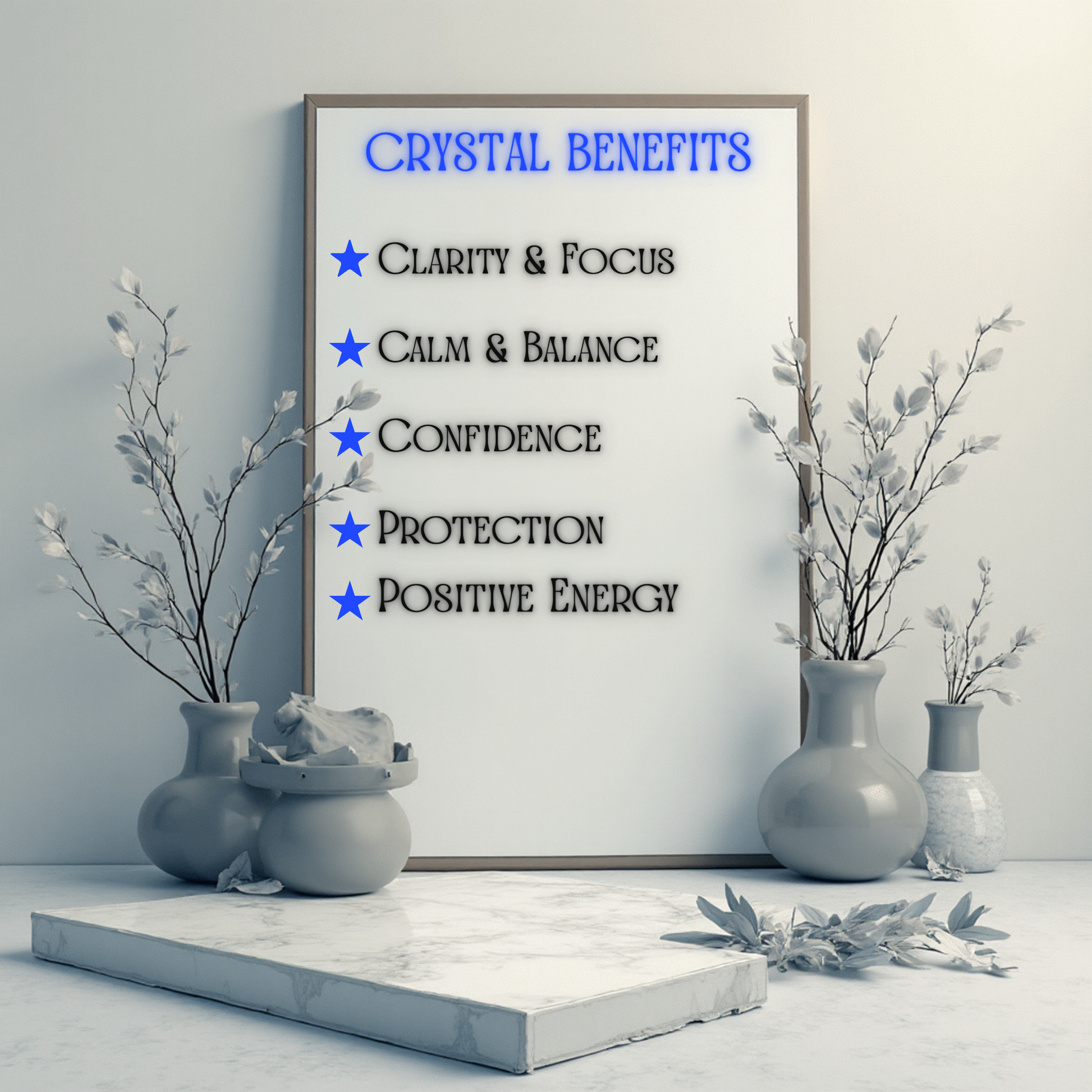 A framed poster displaying a list of 'CRYSTAL BENEFITS' including Clarity & Focus, Calm & Balance, Confidence, Protection, and Positive Energy, styled in a minimalist studio setting with gray ceramic vases and dried branches.