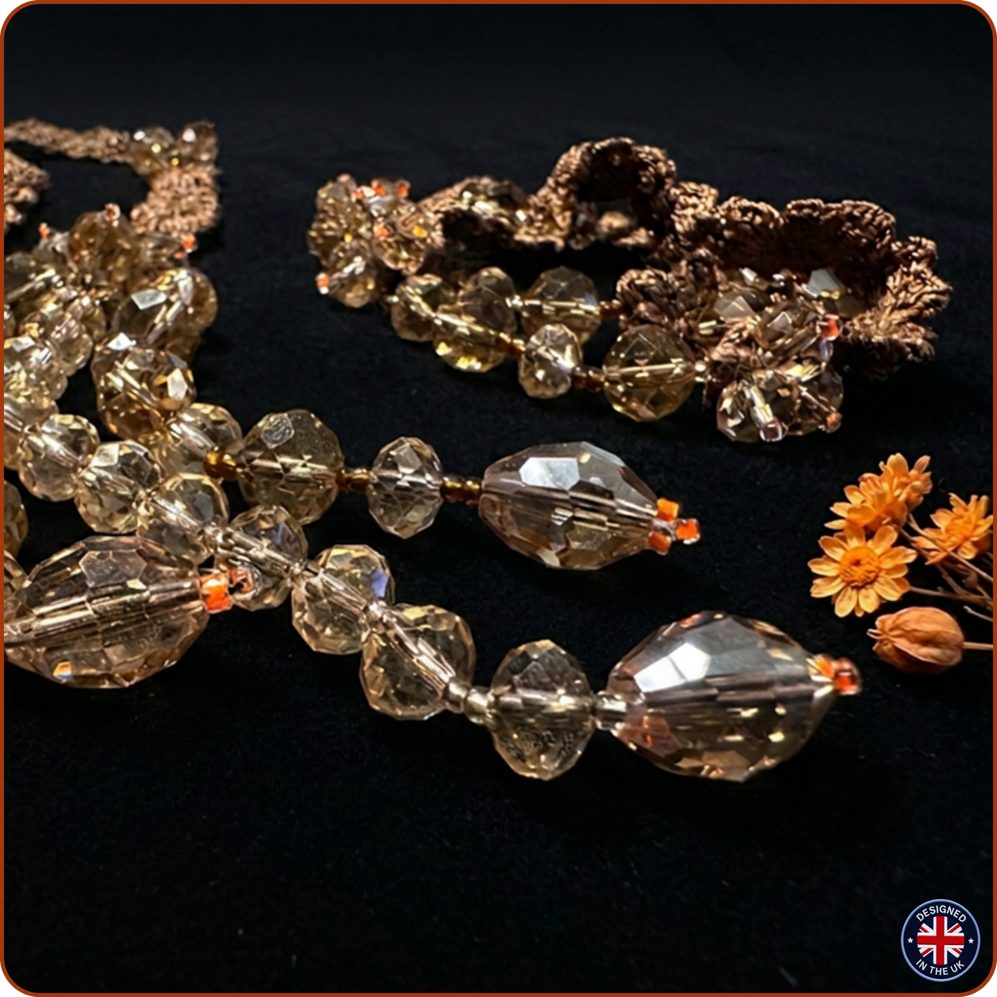 Handmade brown crystal necklace and bracelet set with brown silk crochet detailing