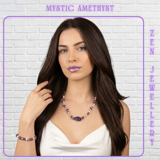 A woman with long dark brown hair models a purple and white beaded amethyst necklace and matching bracelet against a white brick wall background. Purple text at the top reads 'MYSTIC AMETHYST' and purple text on the right reads 'ZEN JEWELLERY'.