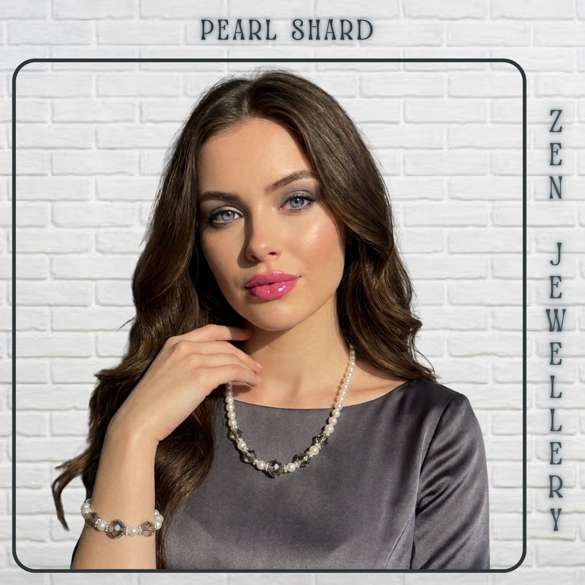 A woman with long brown hair models a pearl shard necklace and matching pearl shard bracelet against a white brick wall background. The image features text overlays reading 'PEARL SHARD' at the top and 'ZEN JEWELLERY' on the right side.