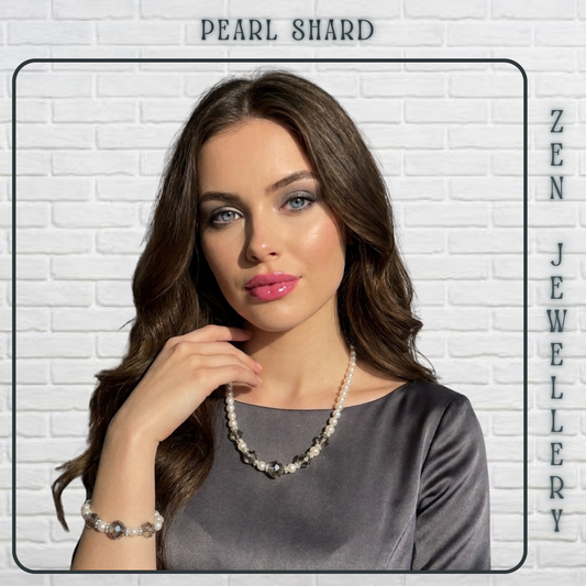 A woman with long brown hair models a pearl shard necklace and matching pearl shard bracelet against a white brick wall background. The image features text overlays reading 'PEARL SHARD' at the top and 'ZEN JEWELLERY' on the right side.