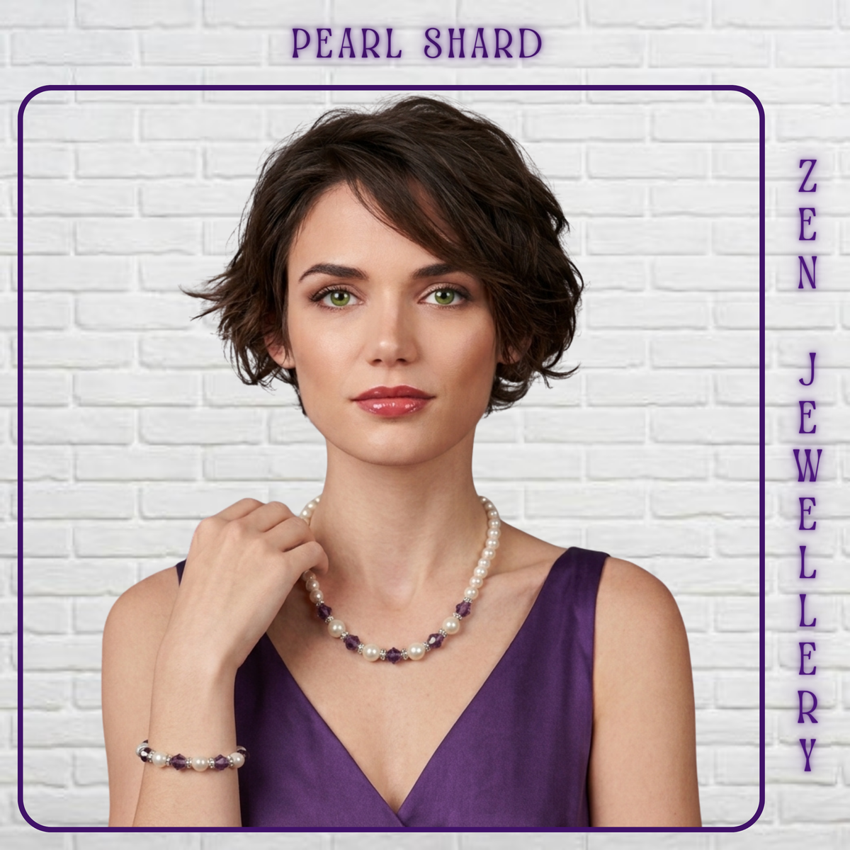 A woman with short dark hair models a pearl and Crystal jewelry set, including a pearl necklace and bracelet with purple gemstone accents, against a white brick wall background with purple text overlays.