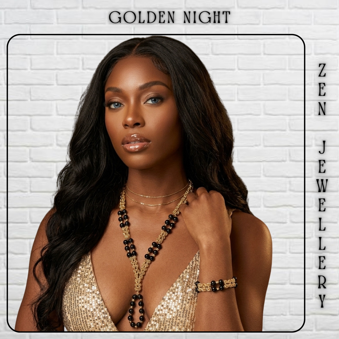 A woman with long wavy black hair models a gold and black beaded necklace and matching bracelet against a white brick wall background. The text 'GOLDEN NIGHT' is at the top, and 'ZEN JEWELLERY' is written vertically on the right side.