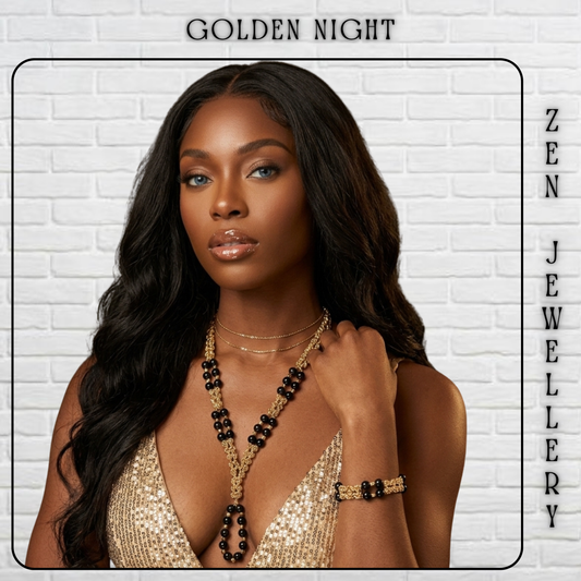 A woman with long wavy black hair models a gold and black beaded necklace and matching bracelet against a white brick wall background. The text 'GOLDEN NIGHT' is at the top, and 'ZEN JEWELLERY' is written vertically on the right side.