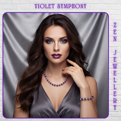 A woman with long wavy brown hair models a matching violet gemstone necklace and bracelet against a gray satin backdrop. Purple text at the top reads 'VIOLET SYMPHONY' and vertical purple text on the right reads 'ZEN JEWELLERY'.