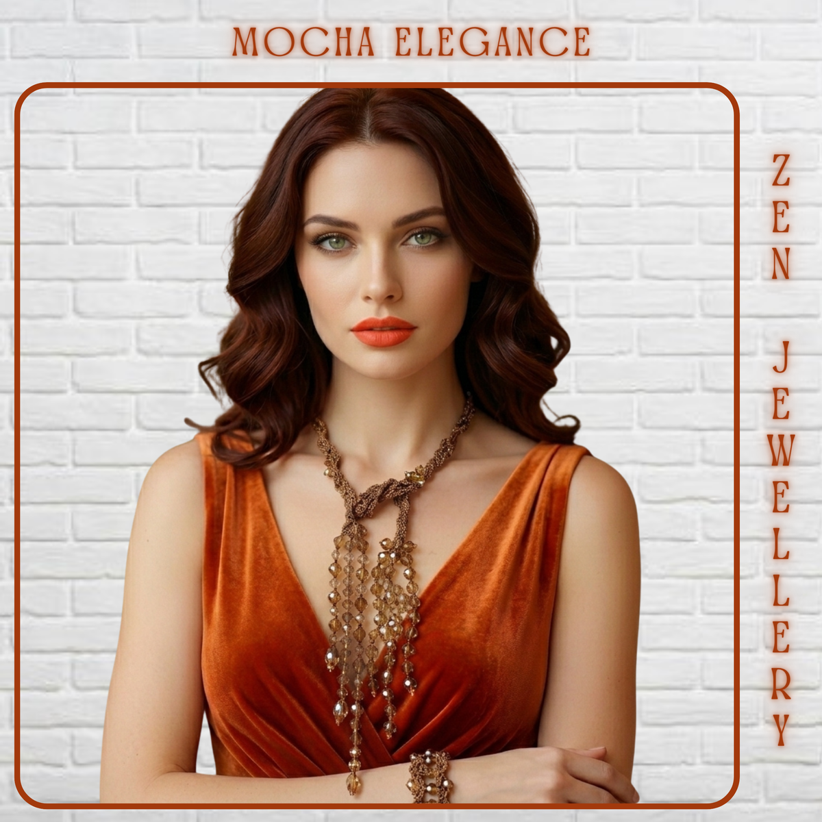 “Handmade brown crystal necklace and bracelet set with brown silk crochet detailing”