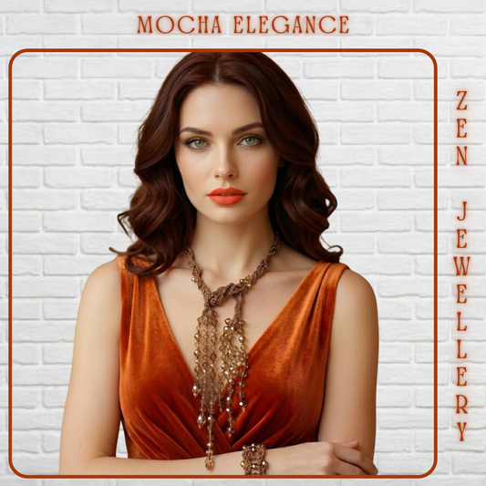 “Handmade brown crystal necklace and bracelet set with brown silk crochet detailing”