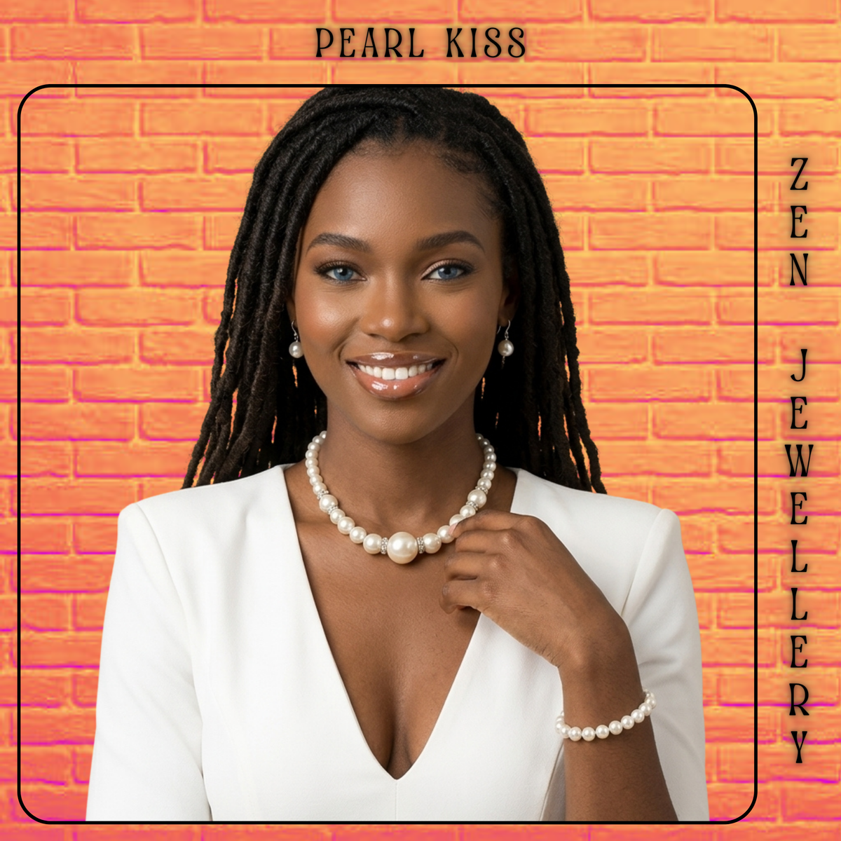 A woman with long black dreadlocks models a pearl necklace and matching pearl bracelet against a bright orange brick wall background. The text 'PEARL KISS' appears at the top, and 'ZEN JEWELLERY' is written vertically on the right side.
