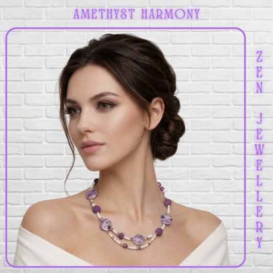 A woman with dark hair styled in an updo wears a purple and white beaded amethyst necklace. The image has a white brick wall background with purple text reading 'AMETHYST HARMONY' at the top and 'ZEN JEWELLERY' vertically on the right side.
