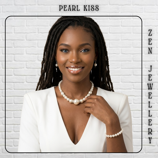 A woman with long dark braids smiles while wearing a pearl necklace and matching pearl bracelet against a white brick wall background. Text at the top reads 'PEARL KIS8' and text along the right side reads 'ZEN JEWELLERY'.