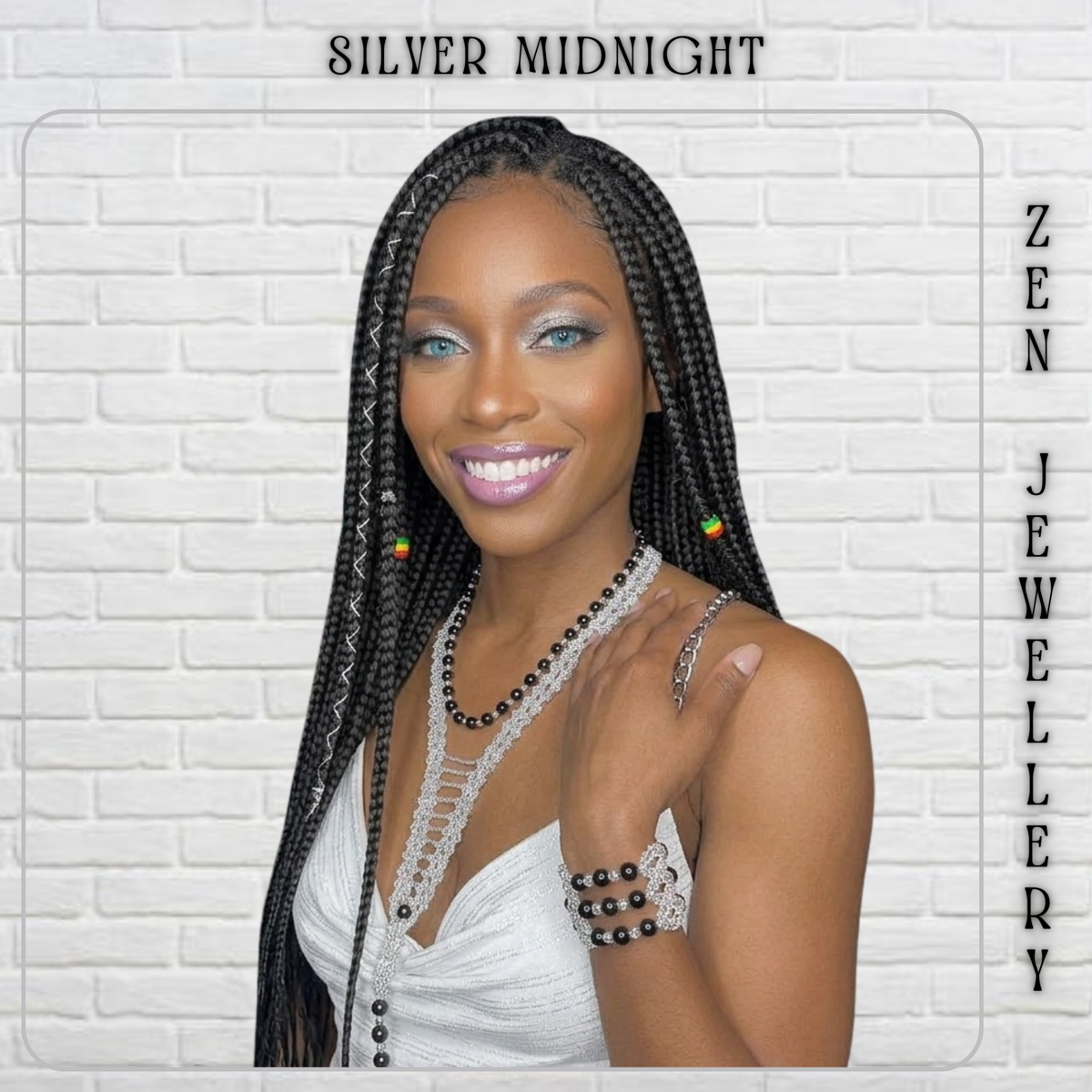 A woman with long black braids models silver beaded jewelry against a white brick wall background. The text 'SILVER MIDNIGHT' appears at the top, and 'ZEN JEWELLERY' is written vertically on the right side.