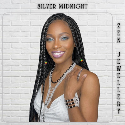 A woman with long black braids models silver beaded jewelry against a white brick wall background. The text 'SILVER MIDNIGHT' appears at the top, and 'ZEN JEWELLERY' is written vertically on the right side.