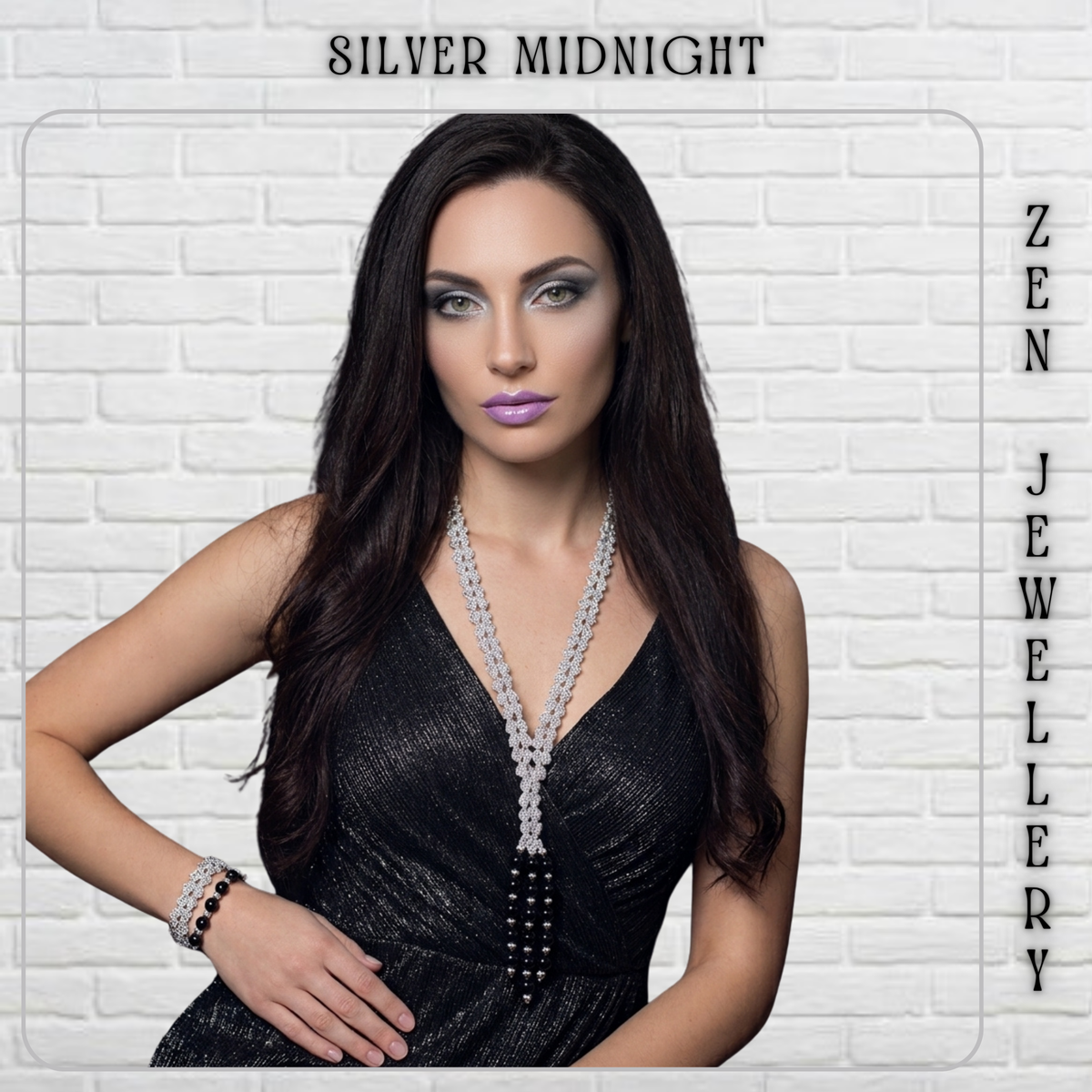 A woman with long dark hair poses against a white brick wall background, wearing a silver beaded necklace and bracelet with a black dress. Text at the top reads 'SILVER MIDNIGHT' and 'ZEN JEWELLERY' is written vertically on the right side.