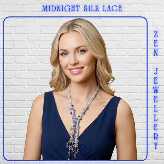 blond model with navy blue dress wearing a silver necklace with blue crystals