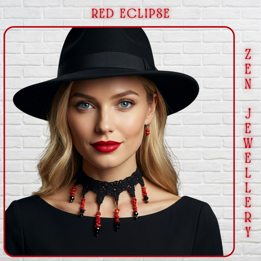 blond model with black hat and black elegant dress wearing a coral adn crystal crochet necklace