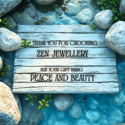 A square wooden sign with weathered white planks sits in shallow blue water surrounded by smooth stones. The sign reads, 'THANK YOU FOR CHOOSING ZEN JEWELLERY MAY YOUR GIFT BRING PEACE AND BEAUTY' in black and red lettering.