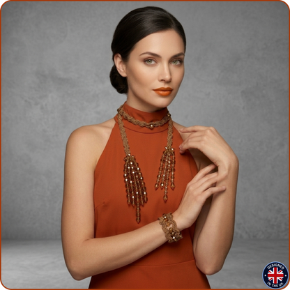 A woman with dark hair in a low bun models a bronze-toned beaded choker necklace and matching bracelet against a textured gray studio background. She is wearing a rust-orange sleeveless dress.