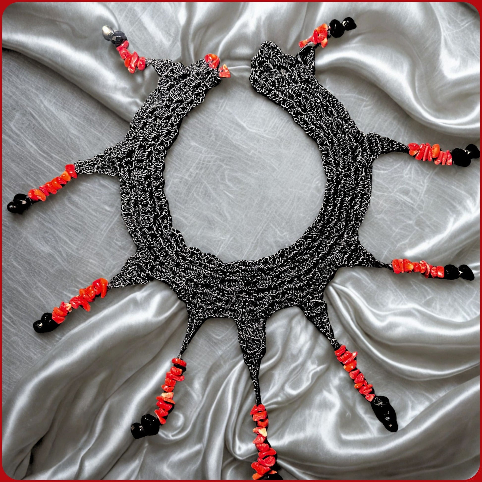 Black necklace statement  with black crystals and red coral on black silk