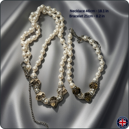 PEARL | CRYSTAL | White Pearl & Grey Crystal Necklace and Bracelet Set