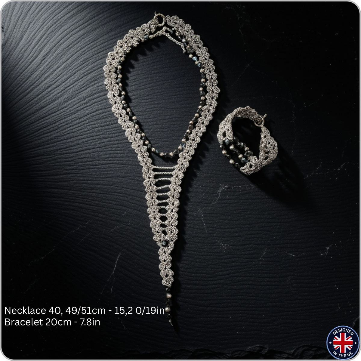 ONYX | Black and Silver Crochet Necklace and Bracelet Set