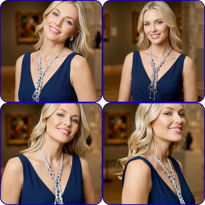 A four-panel collage showing a blonde woman wearing a long, ornate necklace with blue and silver-toned elements and dangling charms, paired with a navy sleeveless dress in an indoor setting.
