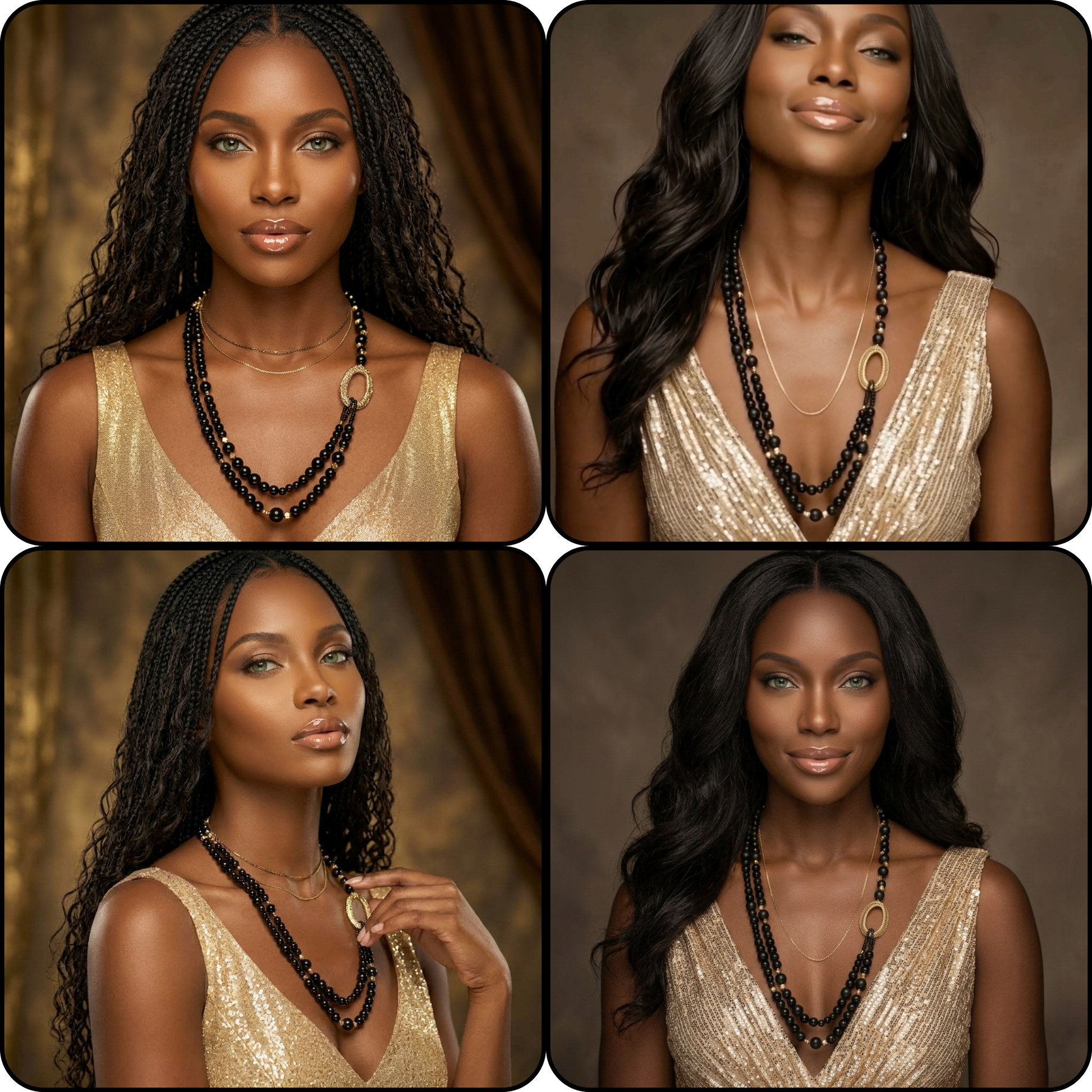 Four-panel collage showing a woman modeling layered necklaces in different hairstyles and poses, wearing a gold sequined top against warm brown studio backgrounds.