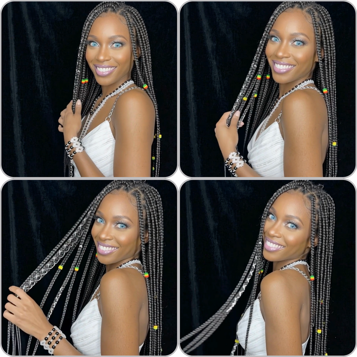 A four-panel collage showing a woman modeling long braided hair extensions. The panels are arranged in a 2x2 grid on a black background, with the model wearing a white sleeveless top and bracelets.