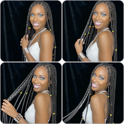 A four-panel collage showing a woman modeling long braided hair extensions. The panels are arranged in a 2x2 grid on a black background, with the model wearing a white sleeveless top and bracelets.