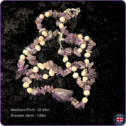 A multi-strand necklace and bracelet set made of purple amethyst chips and cream-colored pearl-like beads, displayed on a black velvet background. The text overlay at the bottom left lists the measurements: 'Necklace 57cm - 22.