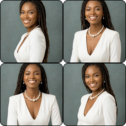 A four-panel collage showing a smiling woman with long dark braids wearing a white V-neck blazer and a pearl necklace against a muted gray studio background.