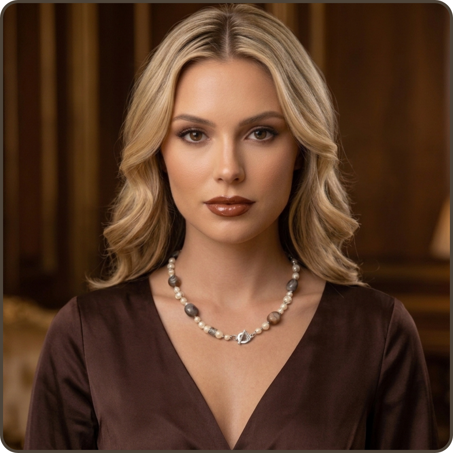 A blonde woman wearing a beaded necklace with white, gray, and brown beads and a silver-toned central charm, paired with a brown satin V-neck top against a warm brown background.