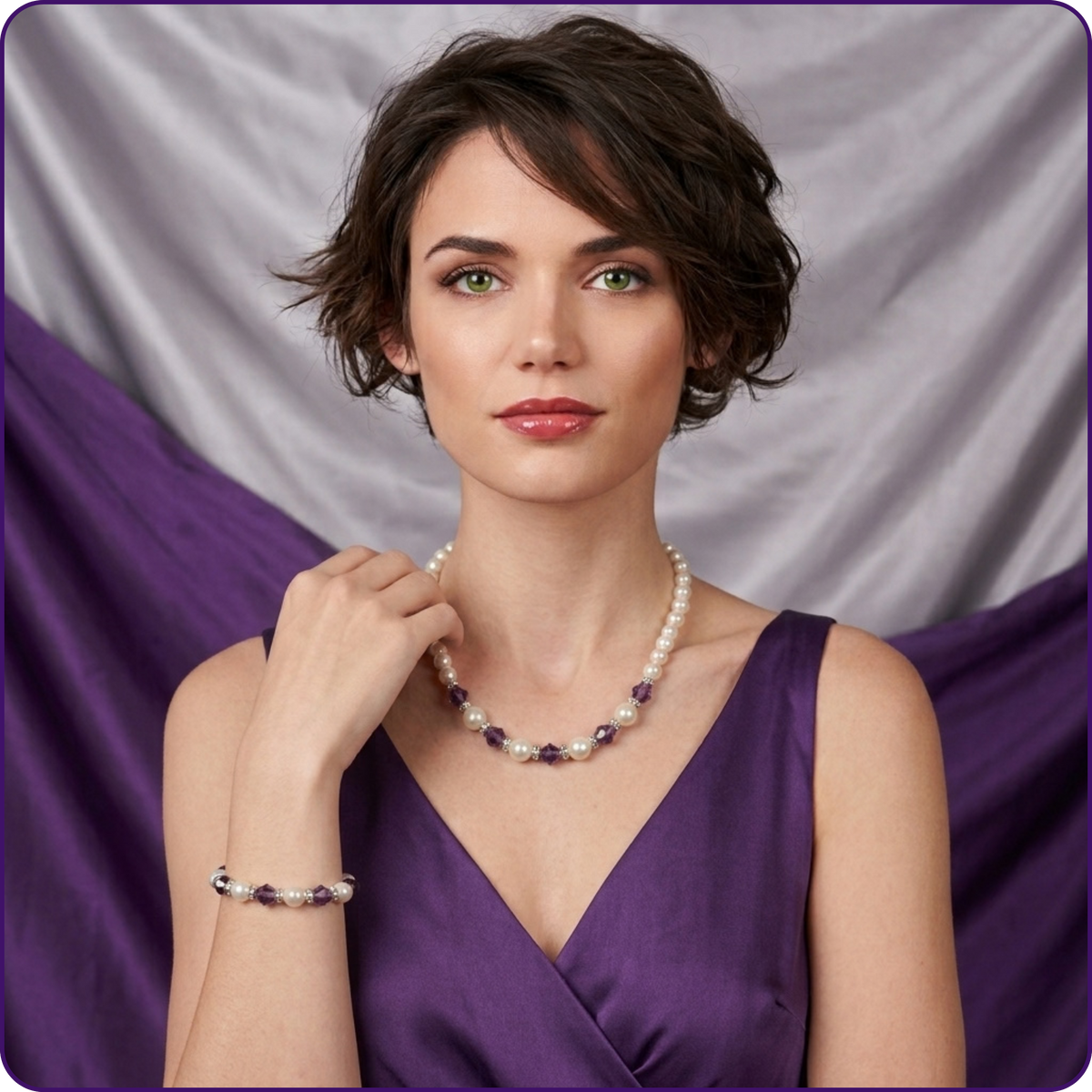 A woman with short dark hair wearing a pearl and purple gemstone beaded necklace and matching bracelet, posed against a draped purple and gray fabric backdrop.