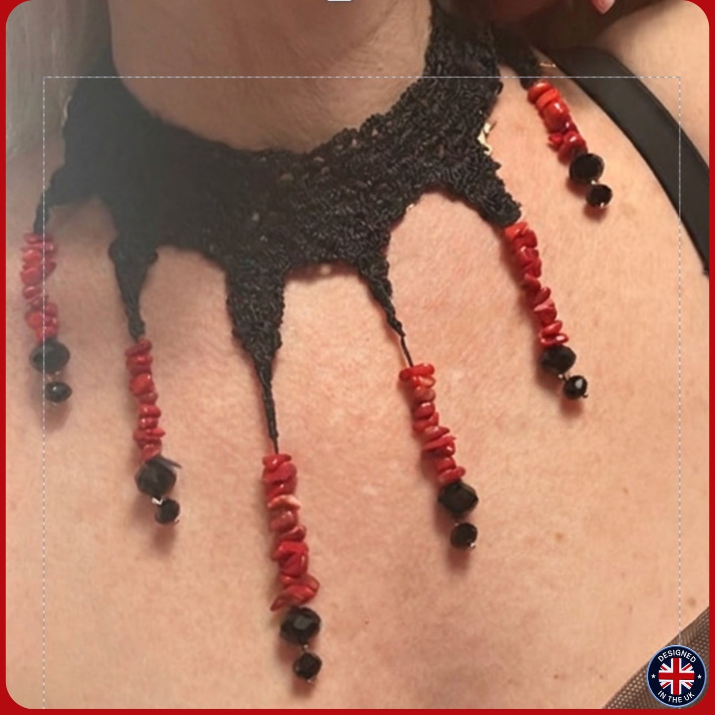 black necklace with red coral and black silk on model