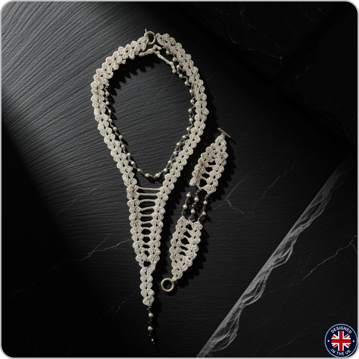 ONYX | Black and Silver Crochet Necklace and Bracelet Set