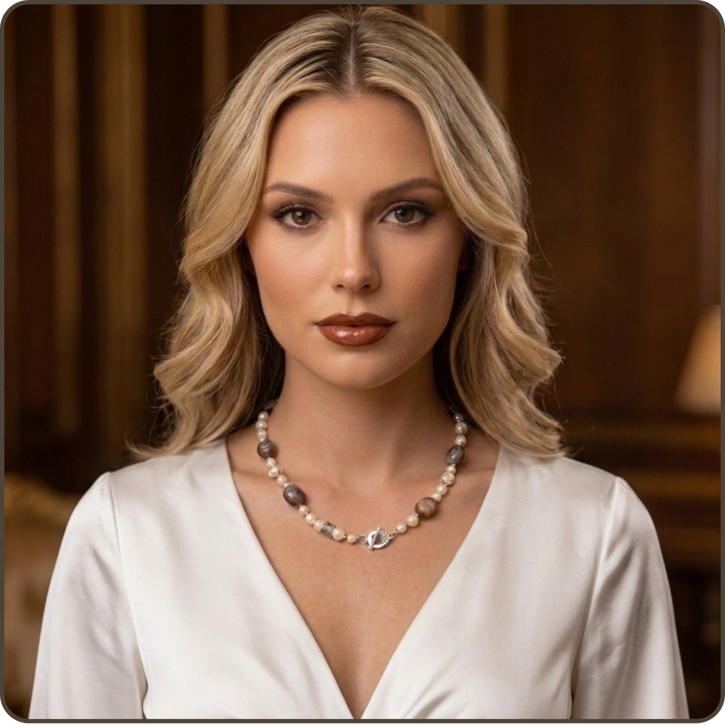 A blonde woman with wavy hair wearing a white V-neck top and a beaded necklace with a silver-toned pendant, set against a warm, dark wood-paneled background.